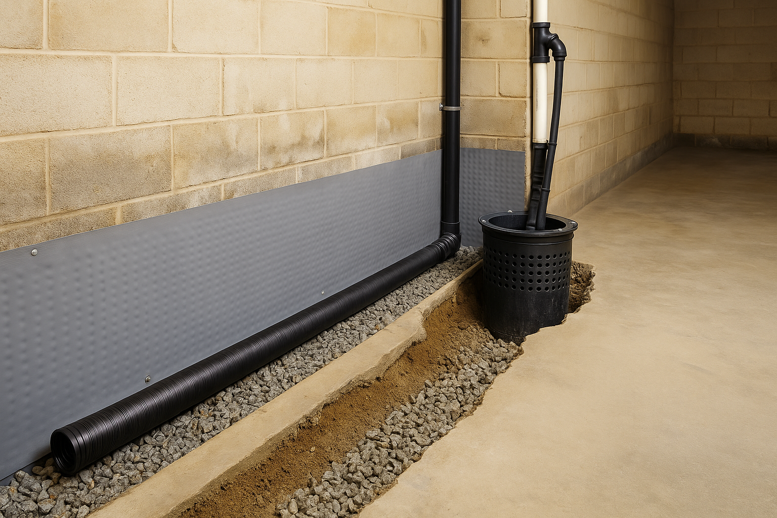 Asheville basement waterproofing — interior drain and sump pump