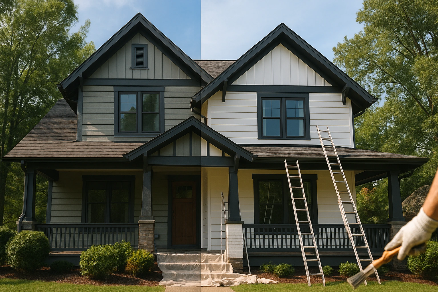 Before and after exterior repaint in Hendersonville by Civil & Home Solutions