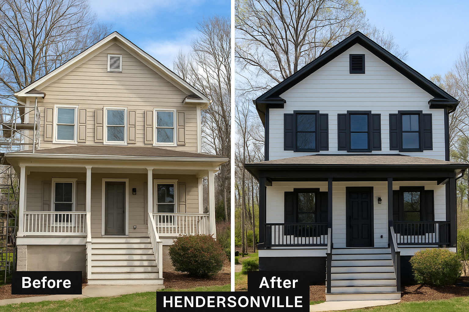Hendersonville exterior painting before and after by Civil & Home Solutions